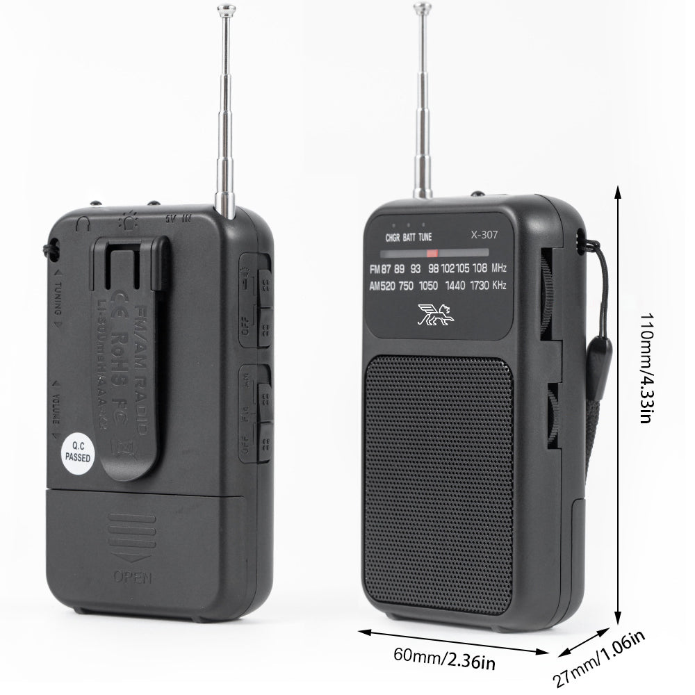 Mini Portable Amplitude Modulation and Frequency Modulation Radio Receiver with Telescopic Antenna Speaker and Flashlight for Home Travel