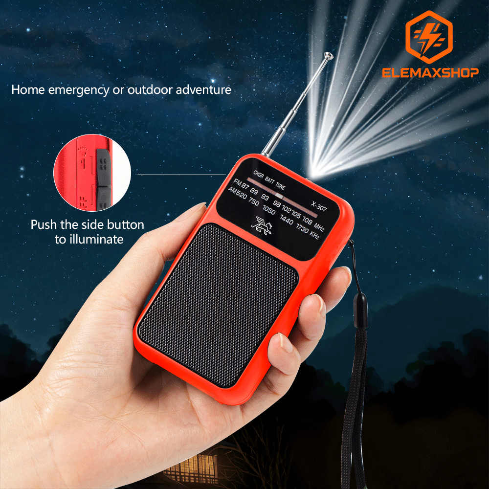 Mini Portable AM FM Radio Receiver with Telescopic Antenna Speaker and Flashlight for Home Travel（red）