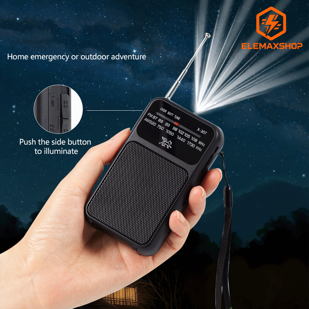 Mini Portable Amplitude Modulation and Frequency Modulation Radio Receiver with Telescopic Antenna Speaker and Flashlight for Home Travel