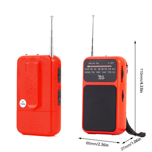 Mini Portable AM FM Radio Receiver with Telescopic Antenna Speaker and Flashlight for Home Travel（red）