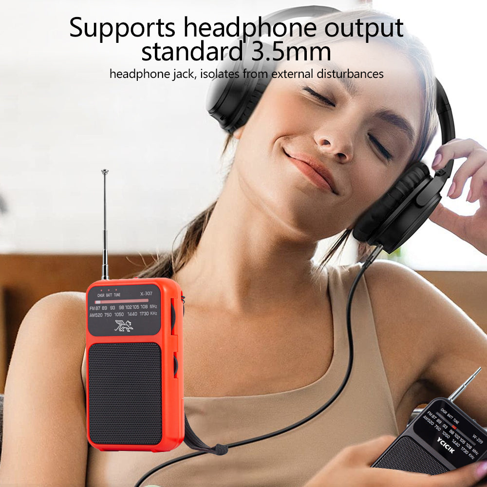 Mini Portable AM FM Radio Receiver with Telescopic Antenna Speaker and Flashlight for Home Travel（red）