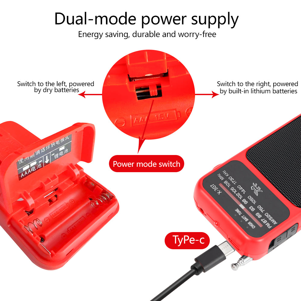 Mini Portable AM FM Radio Receiver with Telescopic Antenna Speaker and Flashlight for Home Travel（red）